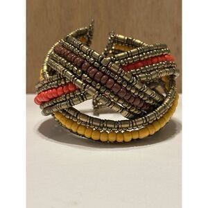 Beaded Statement Cuff Arm Wrap Bracelet Boho Braided Colorful Gold Bronze Tone